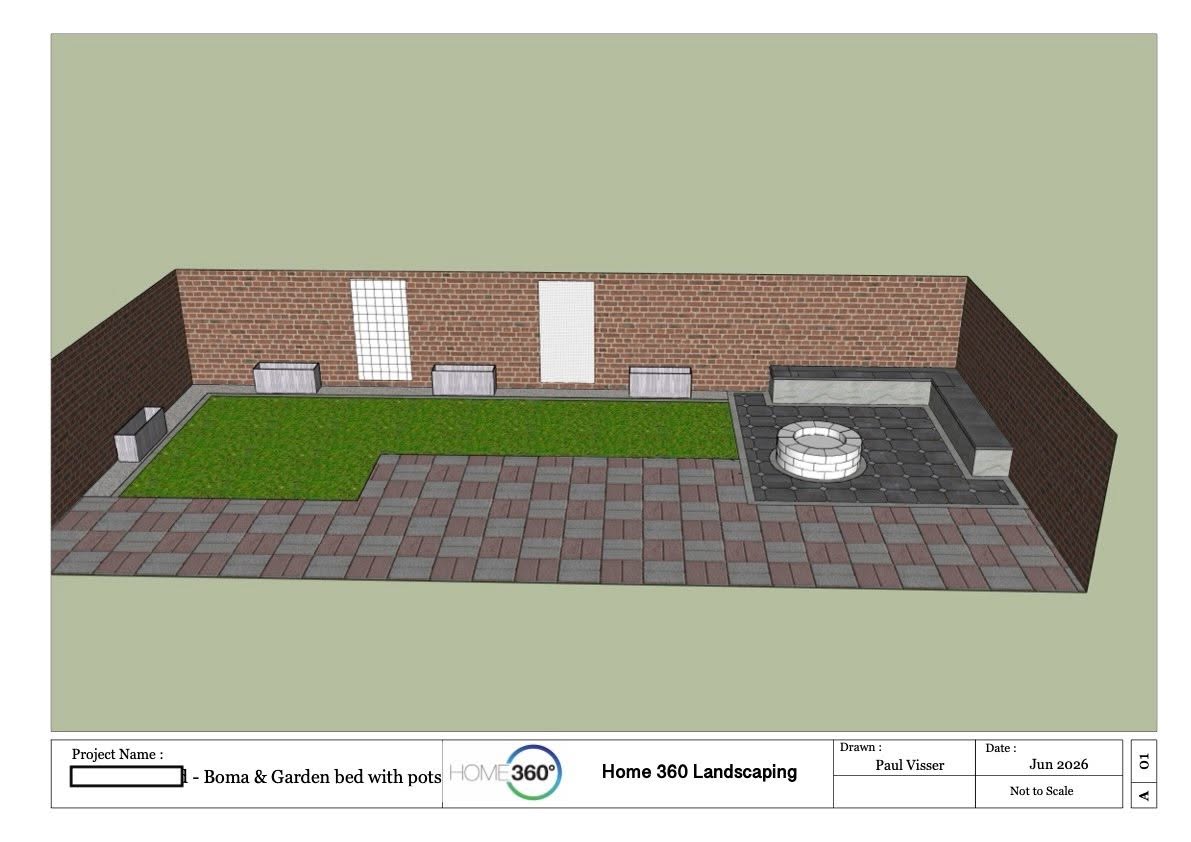 3D concept design drawing produced by Home 360 Group for a boma and garden bed, showing paving layout, built-in seating and fire-pit placement before construction.