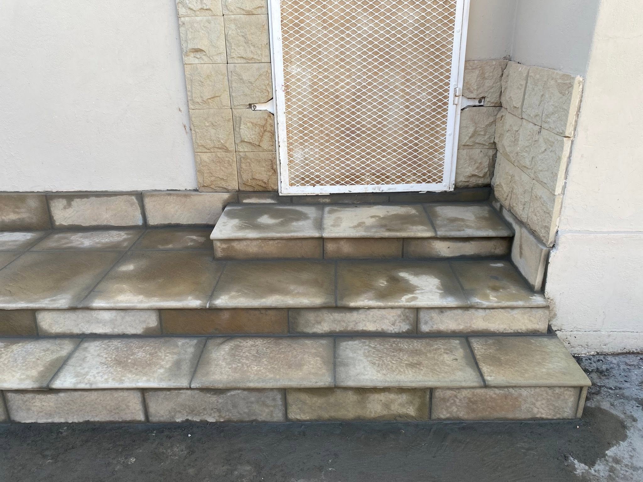 Stone-clad entrance step and security gate surround.